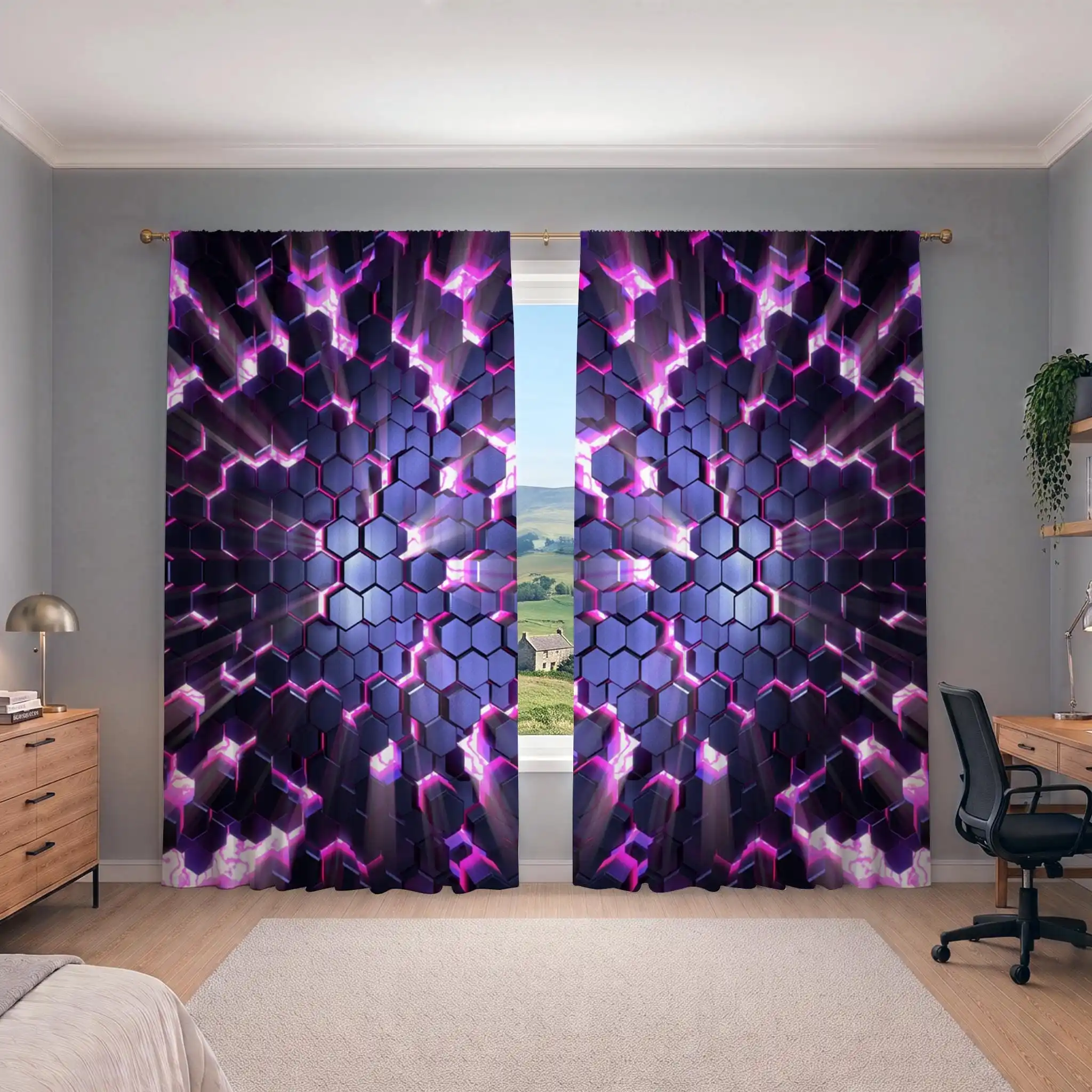 Vibrant Purple Hexagon Pattern Curtain Panels for Living Room Home Decor Light Filtering Window Treatment