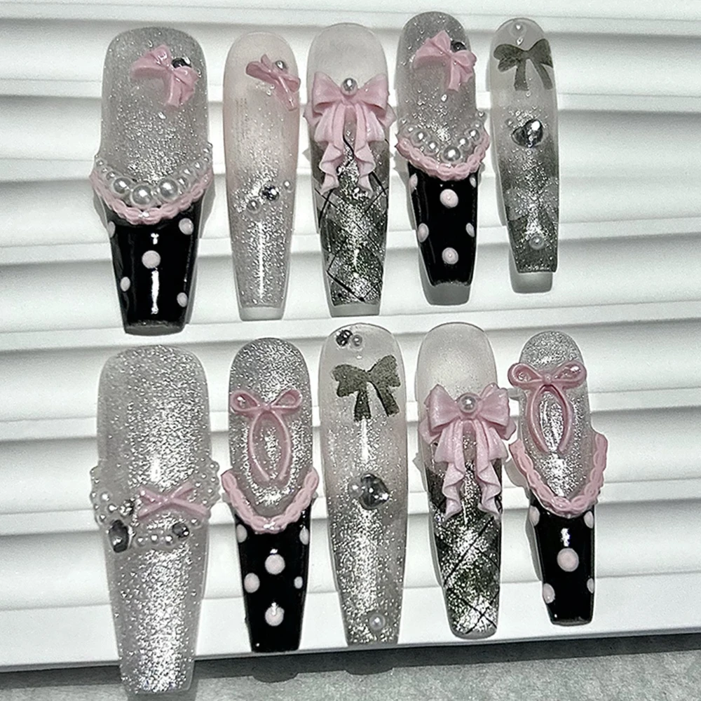 10PCS Y2K Black Pink French Handmade Press On Nails Cute Lace Ribbon Polka Dot Bow Long Nail Art Sweet Edgy Glitter Fake Nails