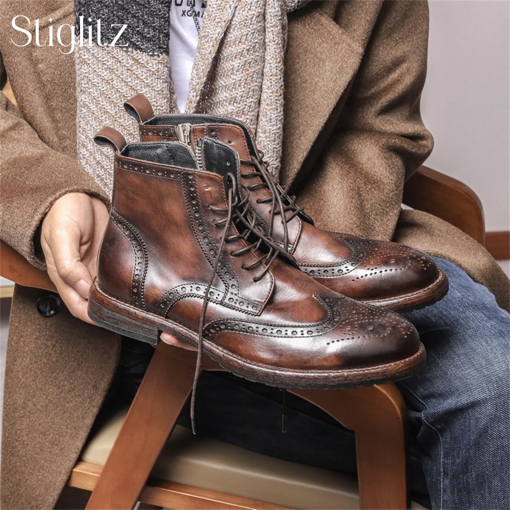 Vintage Style Brogues Booties Carved Punk Motorcycle Boots British Style Lace-Up Ankle Boots Brown Genuine Leather Casual Shoes