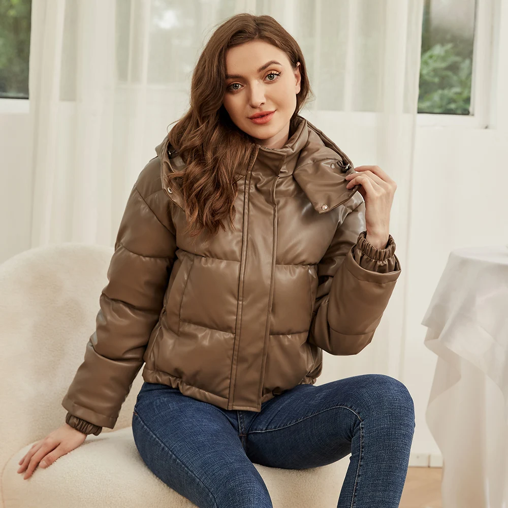 2024 Women Winter Vintage Faux Leather Loose Hooded Pockets Cotton Jackets Fashion Warm Thick PU Parkas Female Outerwear Tops