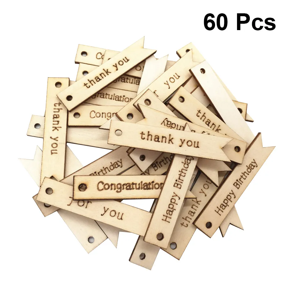 60Pcs Letter Printing Wooden Cutouts Smooth Surface DIY Hanging Tags for Crafts Wedding Christmas Holiday Decoration Wooden Art