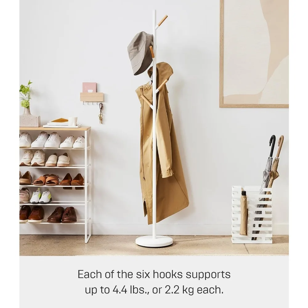 

Home Freestanding Coat Hanger Rack with Wooden Hooks, Space Saving Steel One Size White