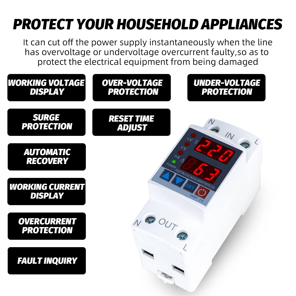 New Dual Display Din Rail Volt Amp Protection 220V 230V 40/63A Adjustable Over Under Voltage Protective  Current Protector Relay