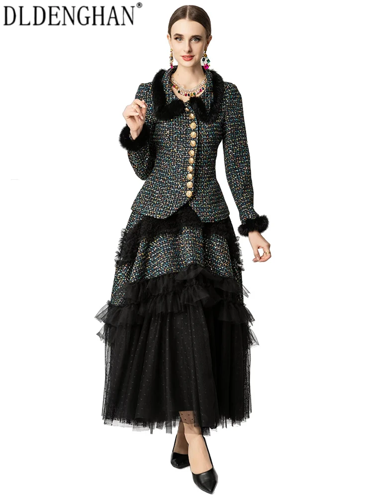 

DLDENGHAN Women Plaid Lapel Long Sleeves Single Breasted Lace-Up Autumnal Winter High Street Skirt 2-Piece