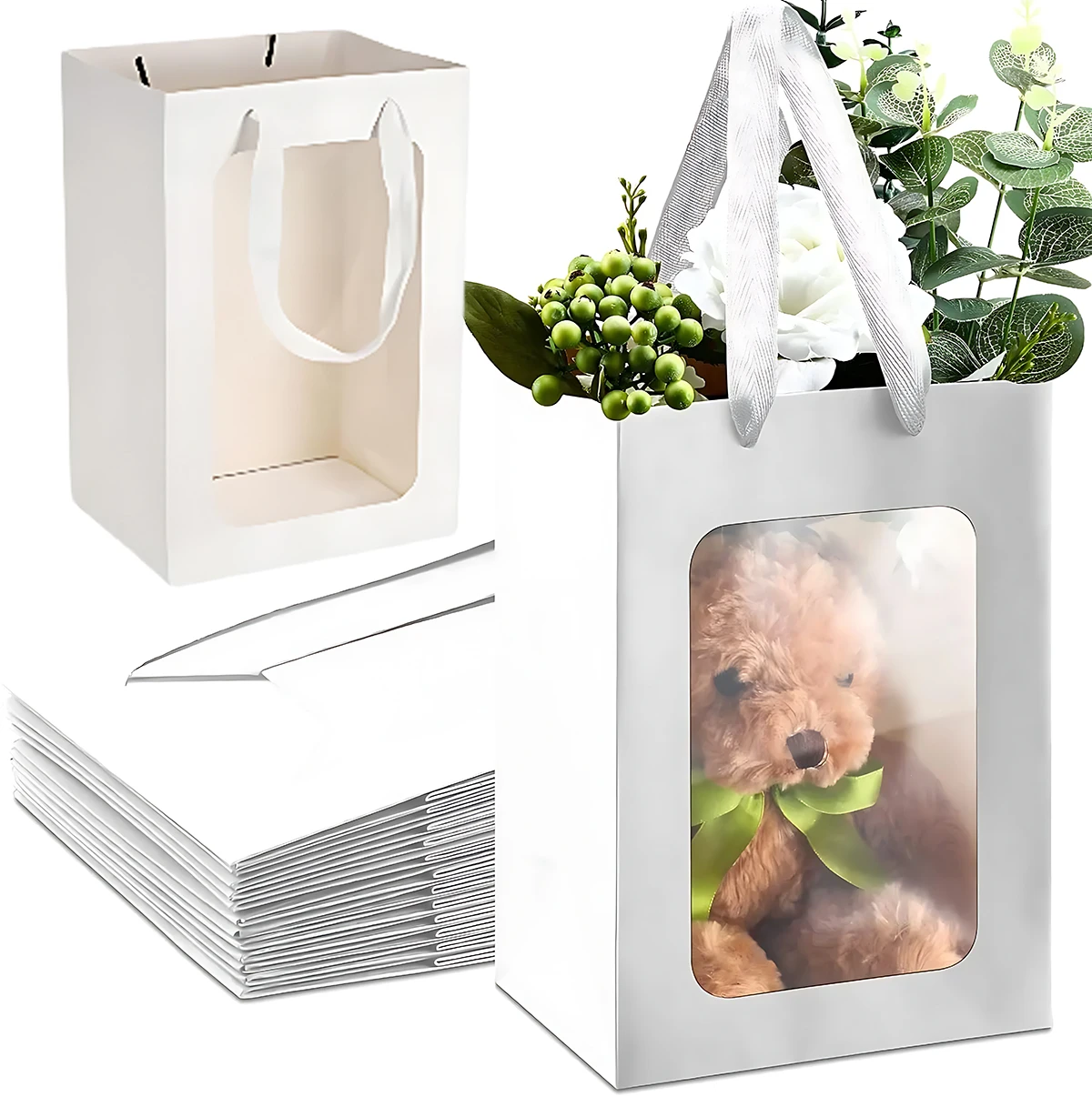 Transparent Window Tote Bag Holiday Accompaniment Gift Bags Open Window Flower Boxes Gift Packaging Bags Kraft Shopping Bags