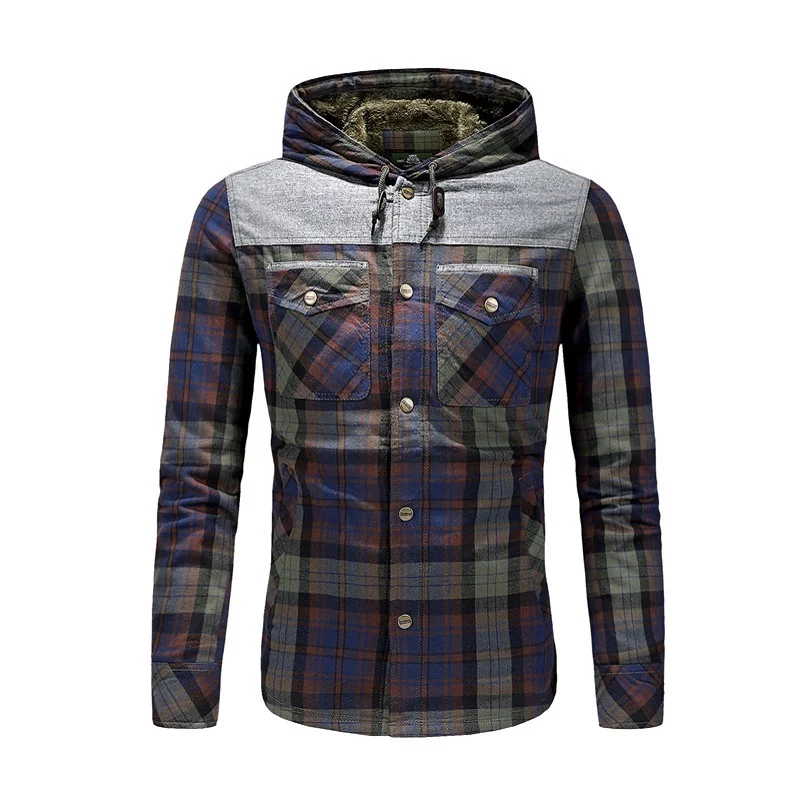 New Plaid Shirt for Men Fleece Thick Warm Winter Shirt Men Pure Cotton Corduroy Shirt Hooded Leisure England Camisas Para Hombre