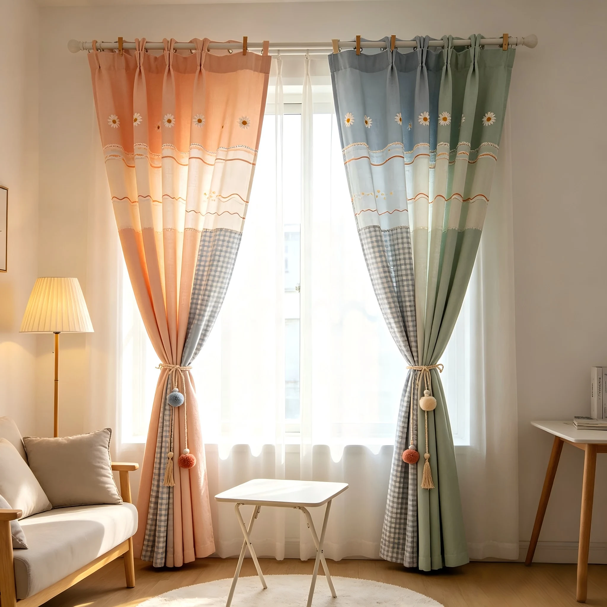 200308   Rental house small living room: light orange x gray blue x light green cotton linen, daisy checkered patchwork curtains