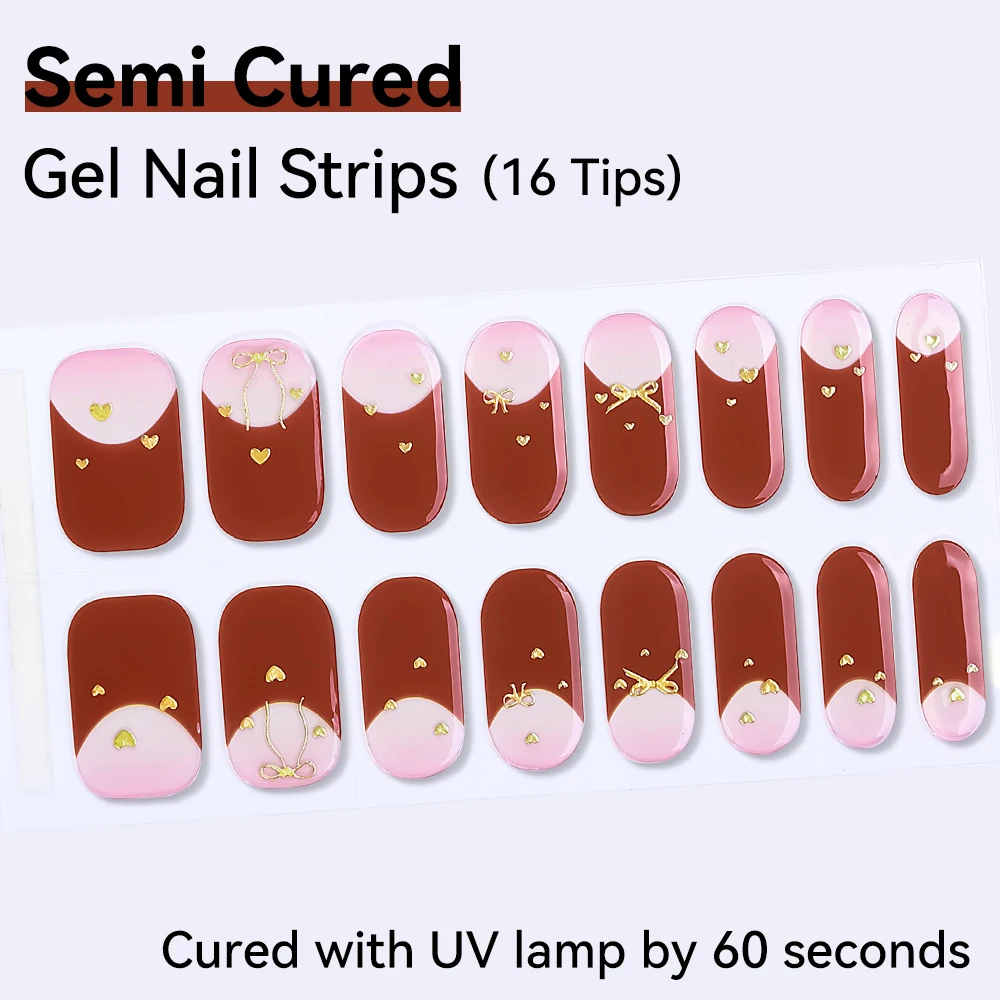 16 Tips Valentijnsdag Semi-Geharde Gel Nagelstickers Lijm Waterdicht Langdurige Volledige Dekking Gel Nagelstrips UV Lamp Nodig