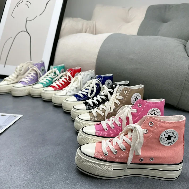 Canva Women's2023 nuevos zapatos de plataforma alta para primavera y otoño, zapatos de tela versátiles Vintage con aceite brillante para estudiantes con suela gruesa