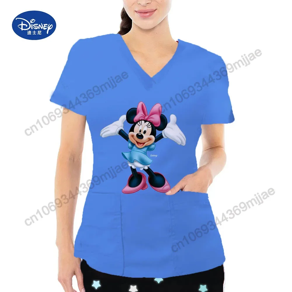 2024 New Fashionable Comfortable V-neck Nurse Uniform Women's Clothing Disney Cartoon Women's Casual Shirt T-shirt Y2k Top