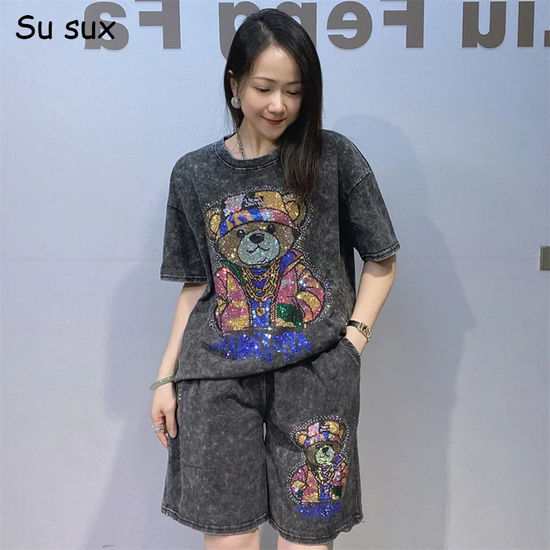 

Cartoon Bear Tie-dye Short Sleeve 2 Piece Sets Woman Outfits Casual Oversized Short Pants 2026 Summer Bust 110cm Tracksuit Y2k