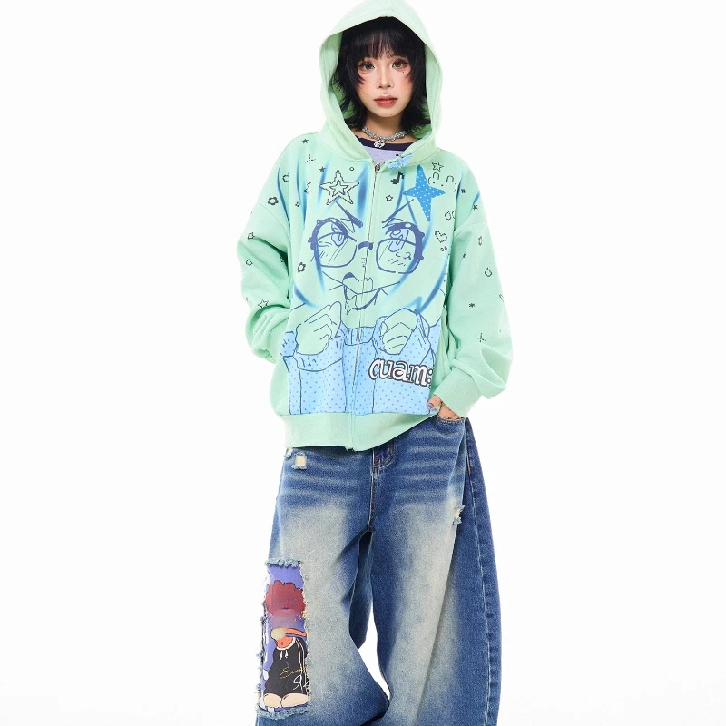 American Retro Y2K Cartoon Anime Hooded Women's Sweatshirt Spring Autumn New Loose Casual Versatile Zipper Cardigan Coat Ladies