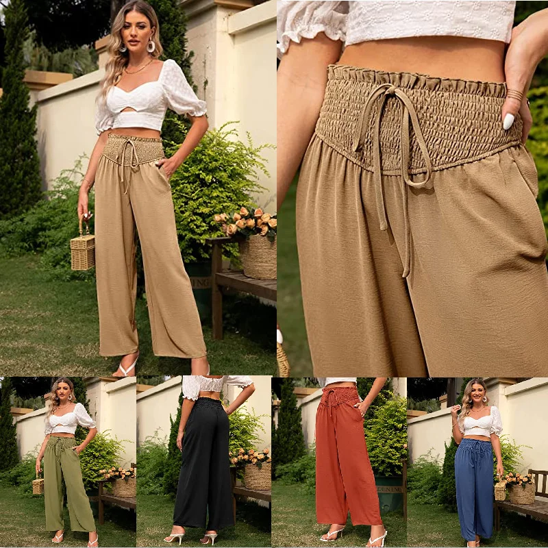 Women's Fashion Summer New Wide Leg Pants High Waist Casual Beach Cargo Pants High Women Elastic Waist Drawstring Baggy Trousers