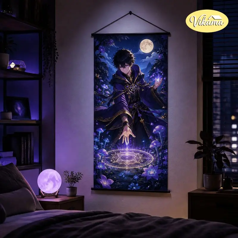 VIKAMA Anime Explorer Boy Tapestry Magical Mushroom Forest Night Moon Art Wall Hanging Bedroom Living Room Aesthetic Home Decor
