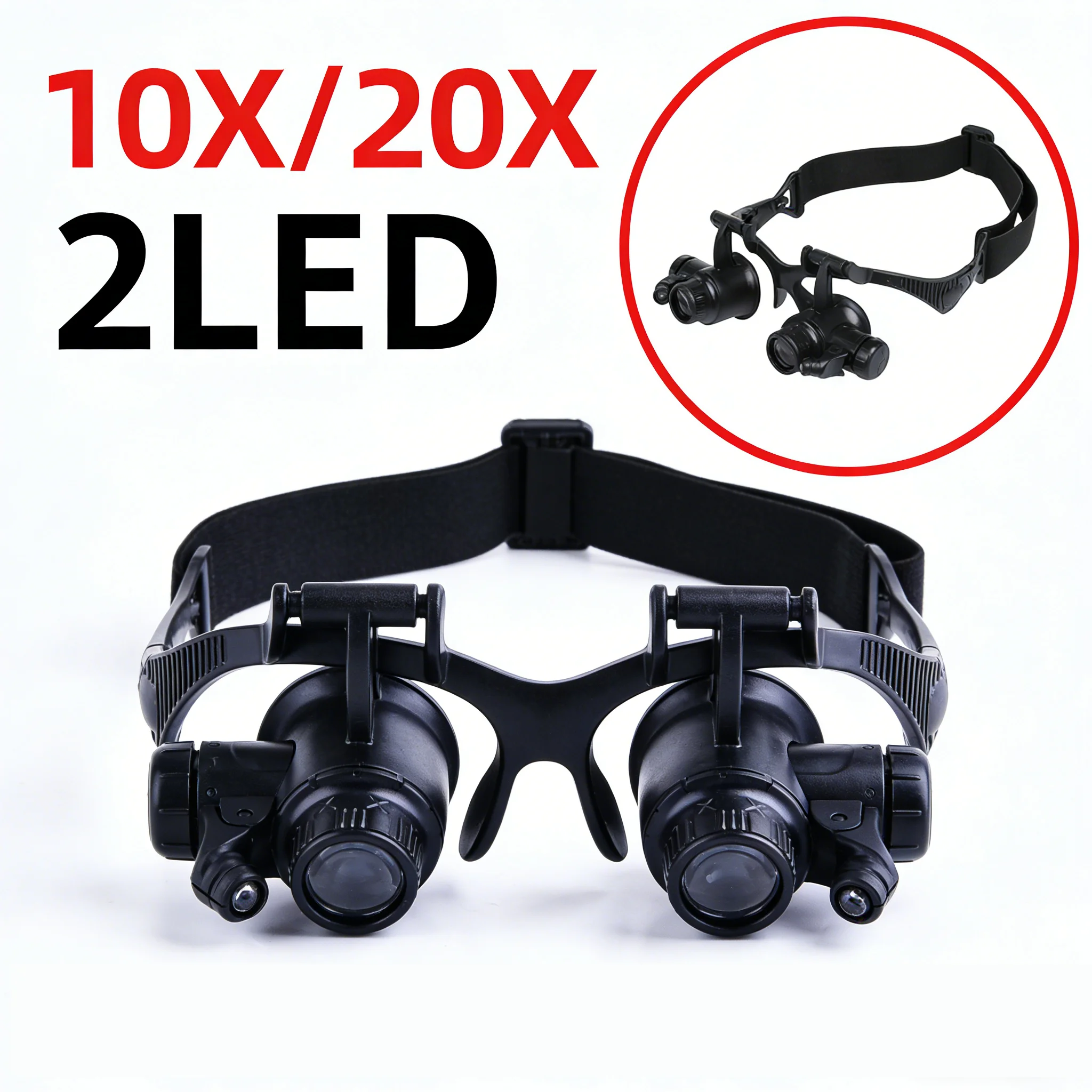 Loupe bandeau avec 2 lumières LED, lentille remplaçable 10X 20X, support de tête grossissante éclairé pour la lecture, montre, réparation de bijoutier