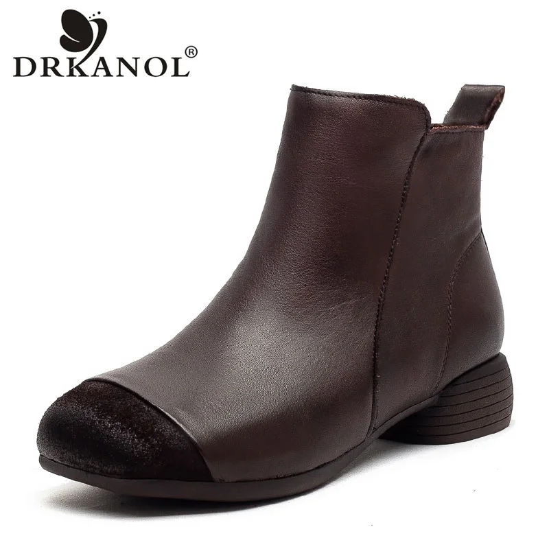 

DRKANOL Retro Style Genuine Cow Leather Ankle Boots For Women Winter Warm Shoes Low Thick Heel Side Zipper Casual Short Boots