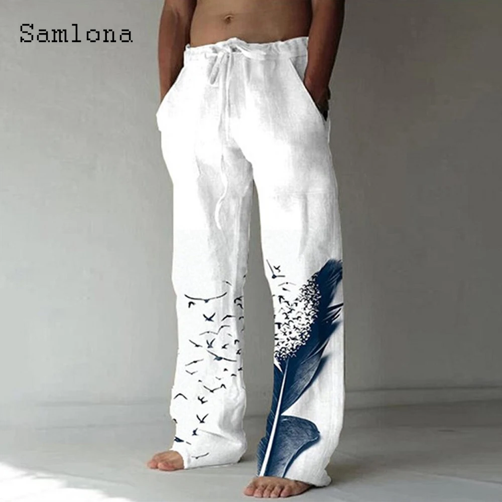 Samlona Plus Size Men's Stand Pocket Casual Drawstring Pants Linen Trouser Feather Print Pants Mens Fashion Hip Hop Sweatpants