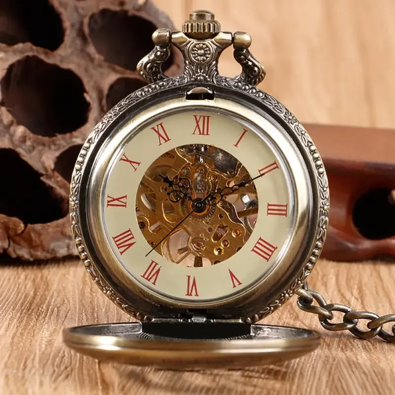 Vintage Style Pocket Watch Hollow Out Constellation Mechanical Hand Winding Compass Clock Roman Number Dial Pendant Chain reloj