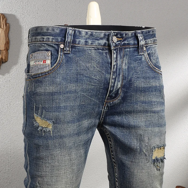 Ripped Jeans Men's Retro Nostalgic Fashion Men's Clothing Street Casual Motorcycle Trousers High Street Slim Skinny Pants