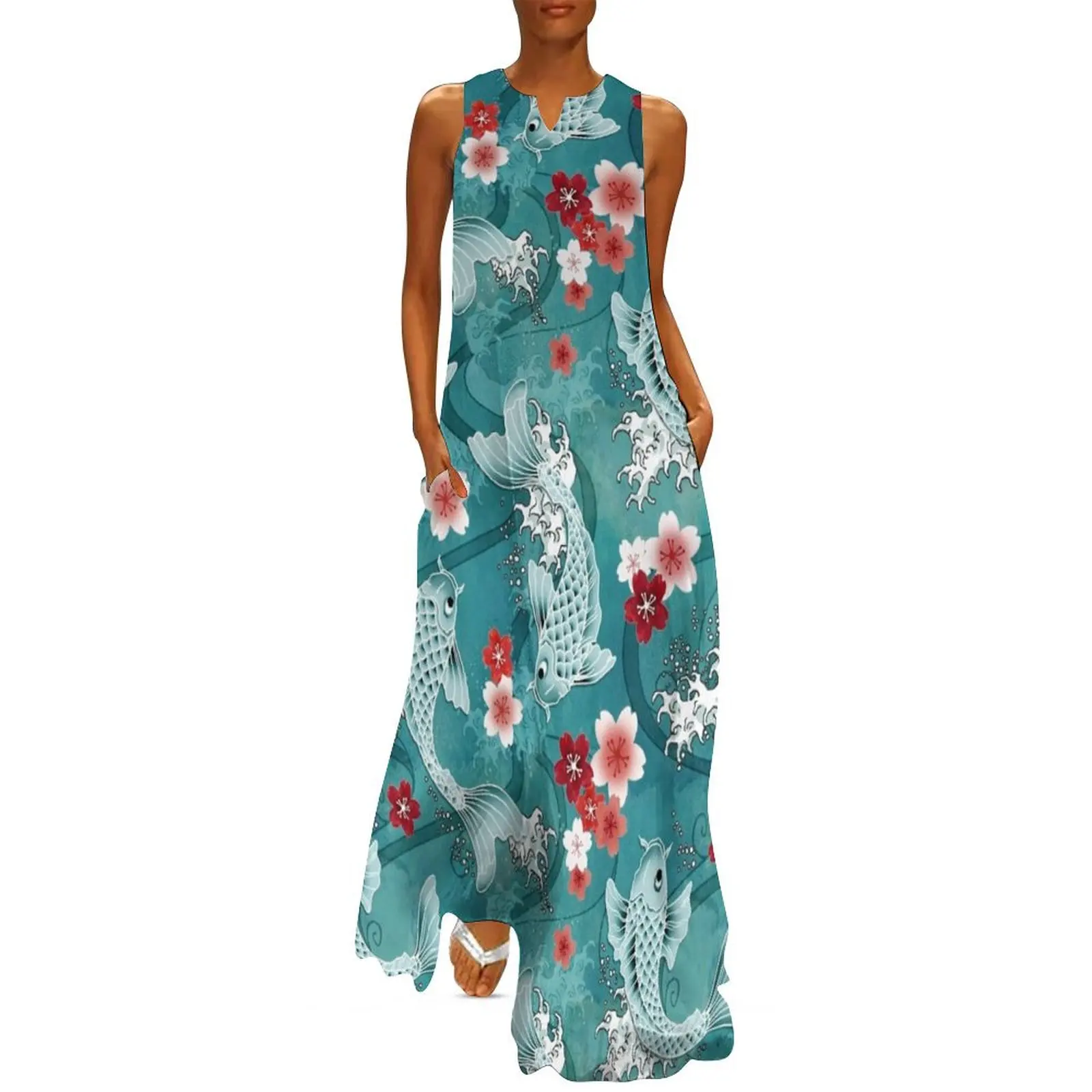 

Koi sakura blossom in turquoise Long Dress sexy dress for women beach dresses womans clothing Dress