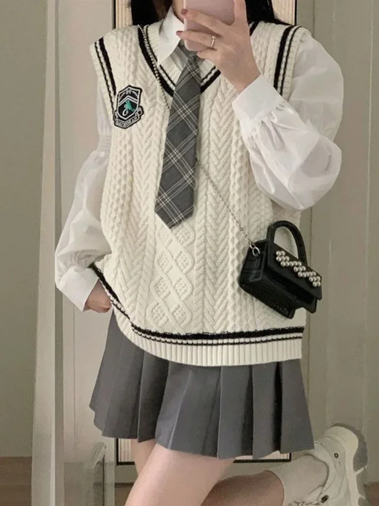 

Japanese Cute School Uniform Women Korean Winter Knitting Sweater Skirt Sets V-neck Long Sleeve Jk Uniform School Girl Cosplay