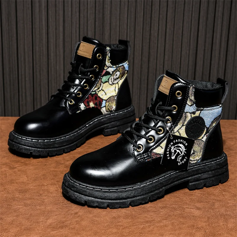 

Черные мужские мотоциклетные ботинки в британском стиле, уличные модные кожаные ботильоны для мужчин, байкерские ботинки, уличная мужская рабочая обувь на платформе