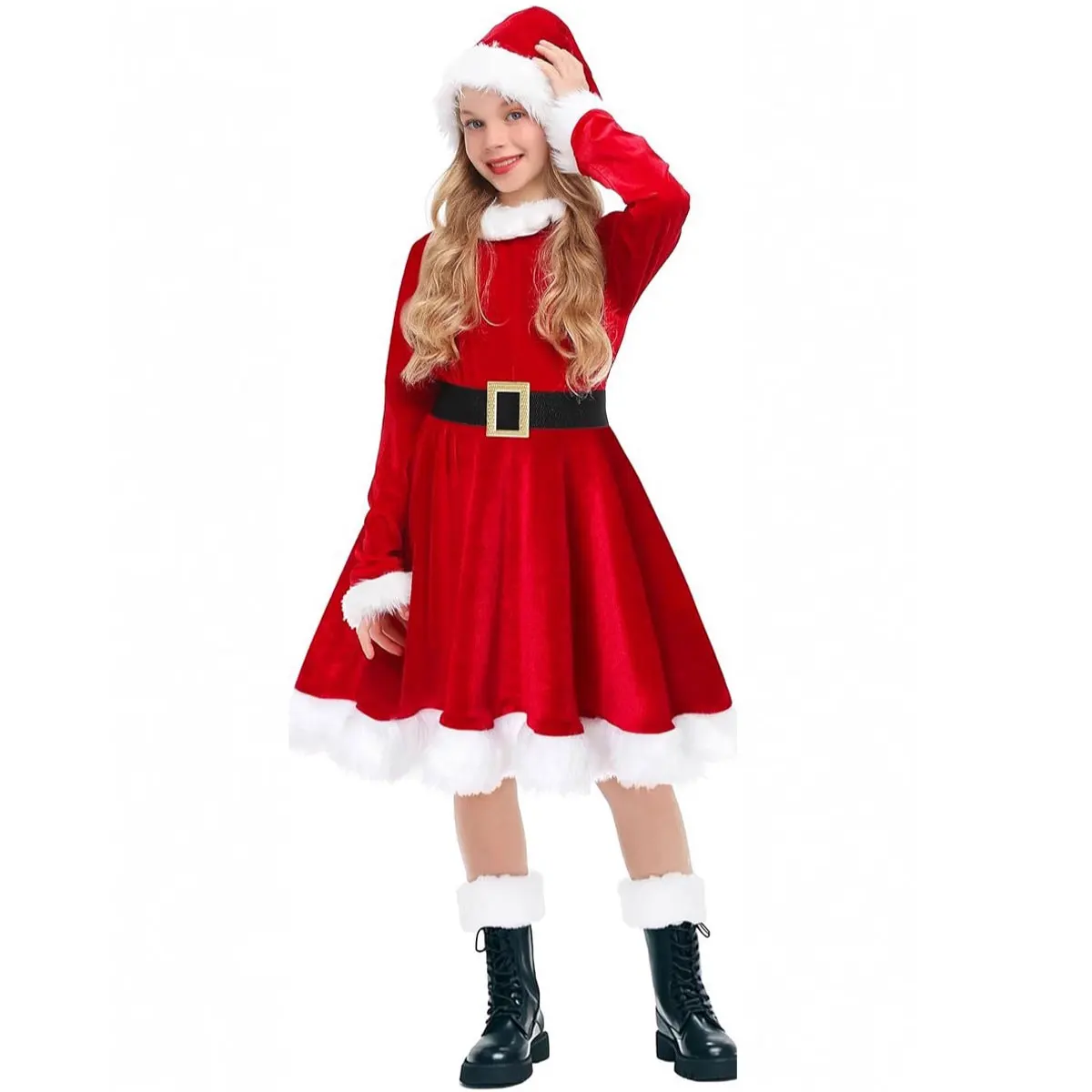2025 السنة الجديدة عيد الميلاد عطلة حفلة حمراء طويلة الأكمام سانتا نفس النمط فتاة تأثيري سانتا كلوز كرنفال فستان + مجموعة الإكسسوارات #3