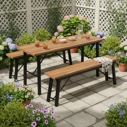 Outdoor Folding Bench Set of 2, 55” 2-3 Person Acacia Wood Backless Patio Dining Bench, No Assembly Weatherproof Picnic