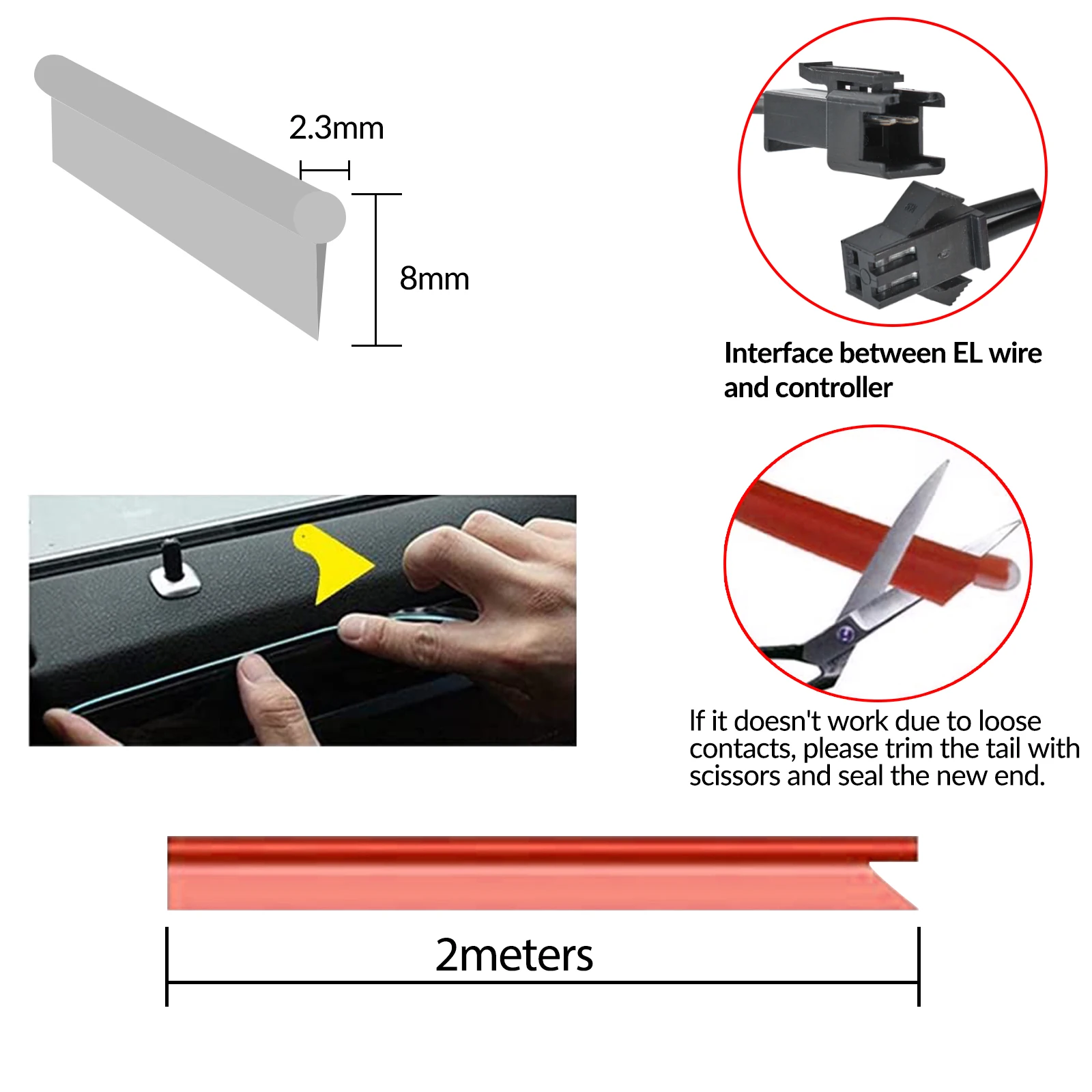 Luz de tira interior do carro iluminação ambiente vermelho néon traço brilho tubo 2m iluminação interior decorativa flexível atmosfera acessório