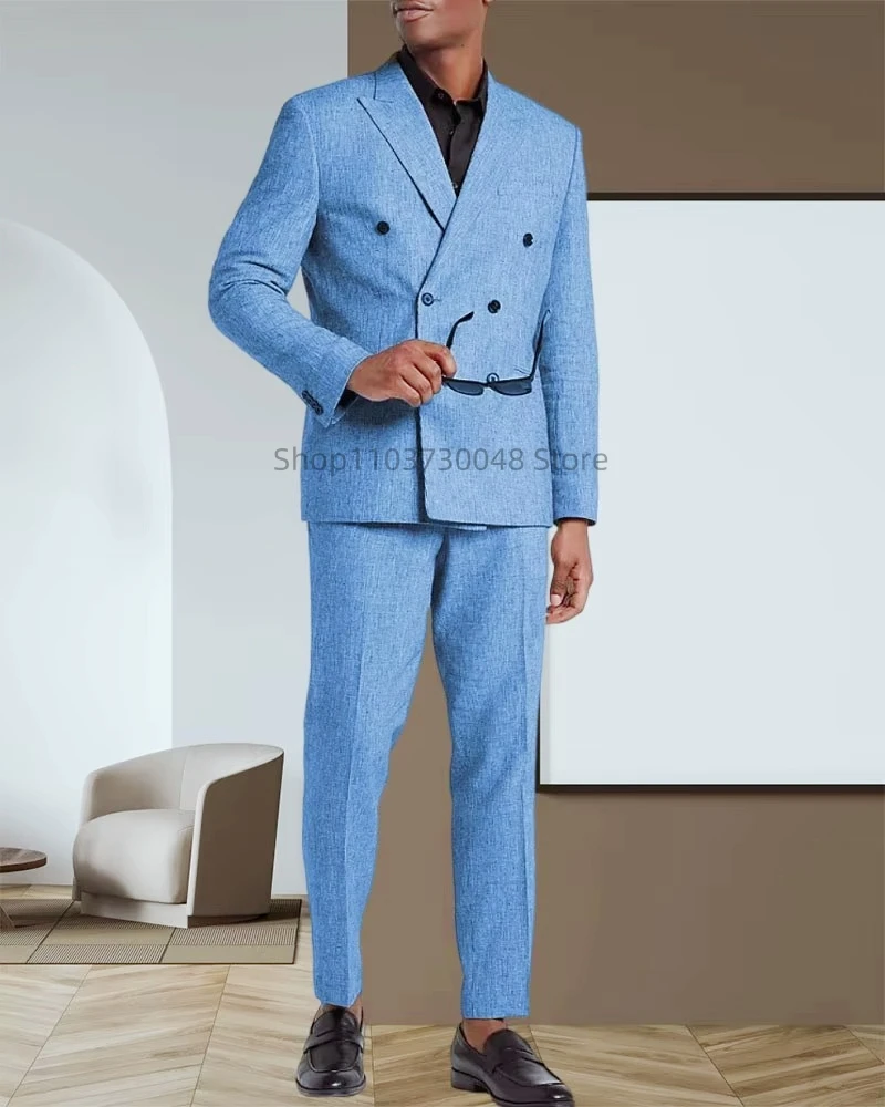 

Casual Men's Brown/Blue Linen Peak Lapel Double Breasted Blazer Pants 2 Piece Wedding Groom Tuxedo Summer Prom Party Suits Set