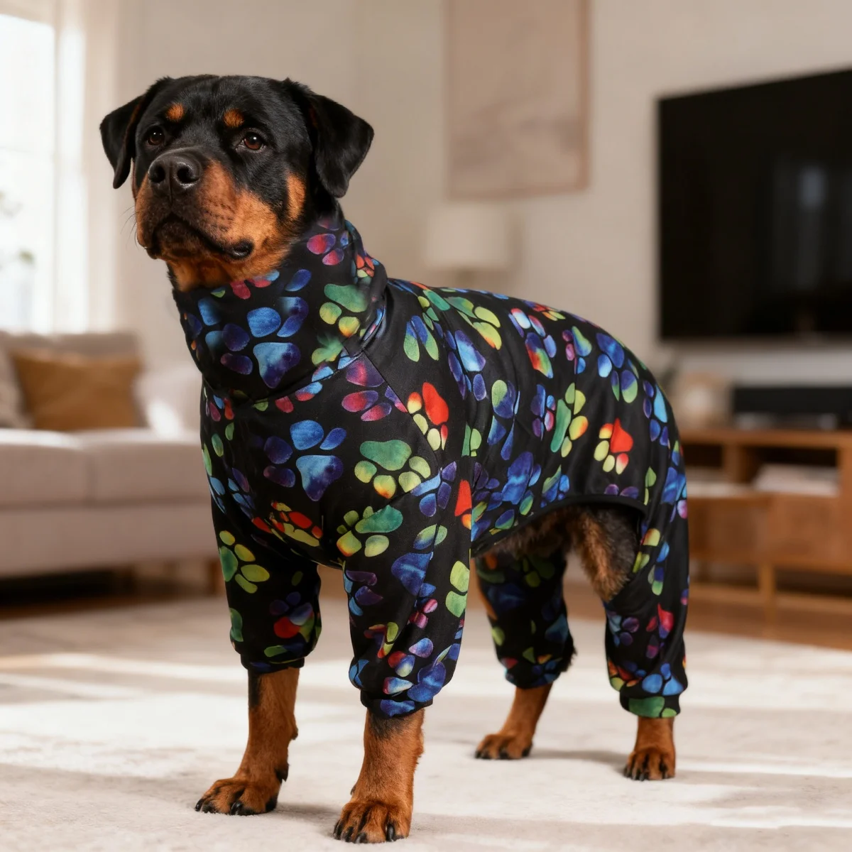 1pc Black Paw Print Four-Legged Pajama, Home Dress and Pet Clothing for a Dog