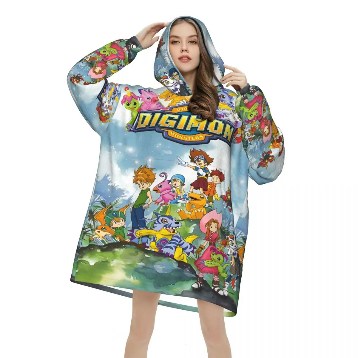 Digital Monster Digimon Oversized Deken Hoodie Sweatshirt Lange Fleece Capuchon Draagbare Deken met Grote Zak voor Dames Heren