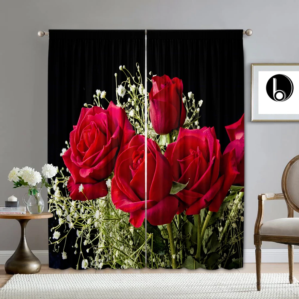 2PC Home Decoration Curtains, Rose Flowers With Pole Bag Curtains, Kitchen, Coffee Shop, Living Room, Balcony,Garden