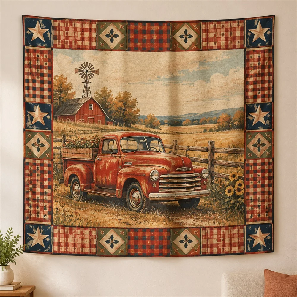 VIKAMA Vintage Pickup Truck Border Frame Tapestry Wall Hanging, American Wall Art Tapestries for Kitchen Dining Room Living Room