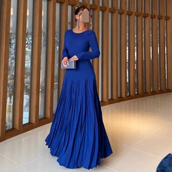 Classic Celebrity Dress Scoop Long Sleeve Zipper Back Pleats Straight Solid Blue Ankle Length Dresses For Formal Occasions