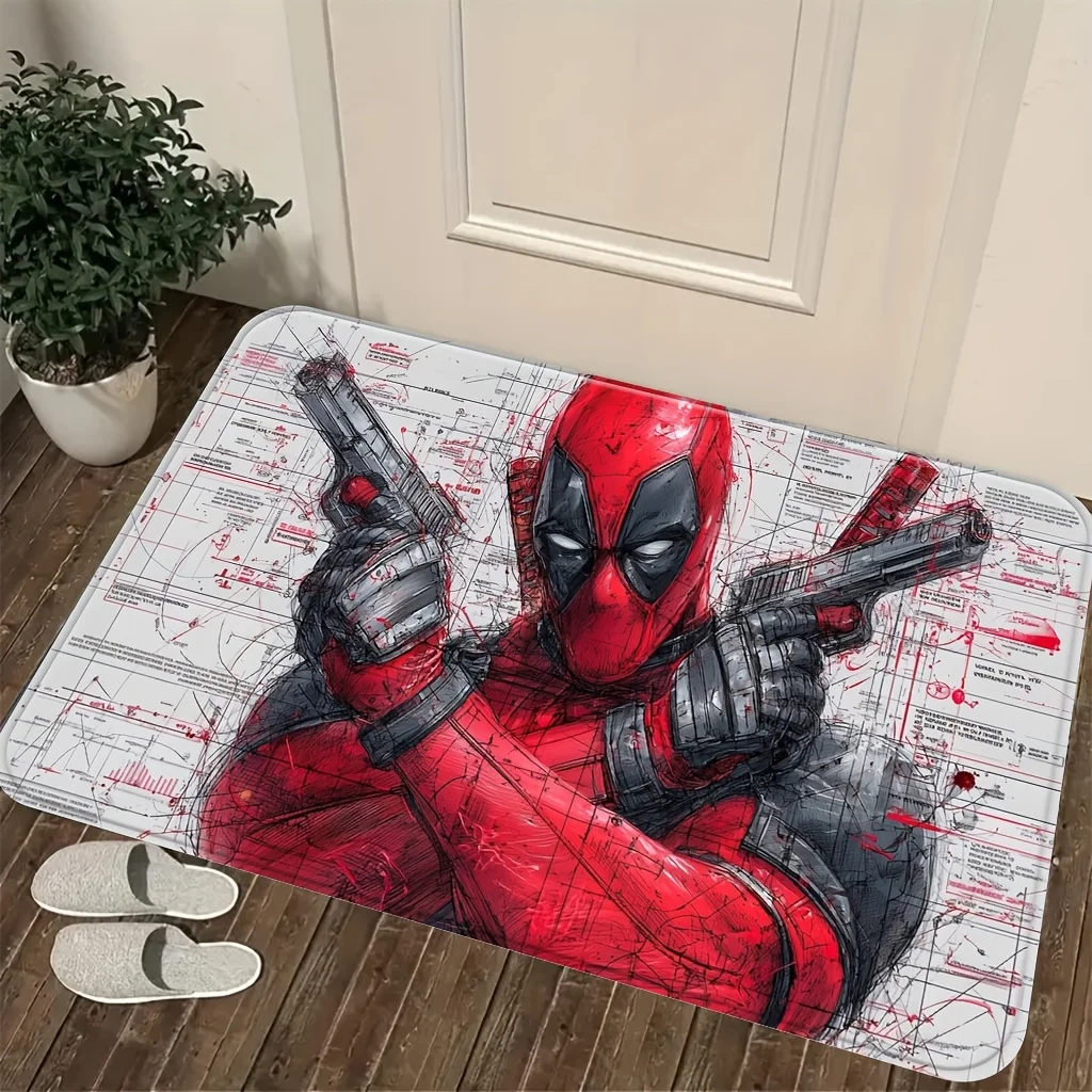 Marvel 1pc Cartoon Printed Floor Mat, Deadpool Holding Dual Guns Mechanical Blueprint Style Illustration, Easy to Clean, Suita