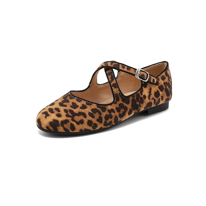 Spring New Round Headed Leopard Print Single Shoes Cross Buckle Flat Shoes Women's Mary Jane Shoes 35-43 Large