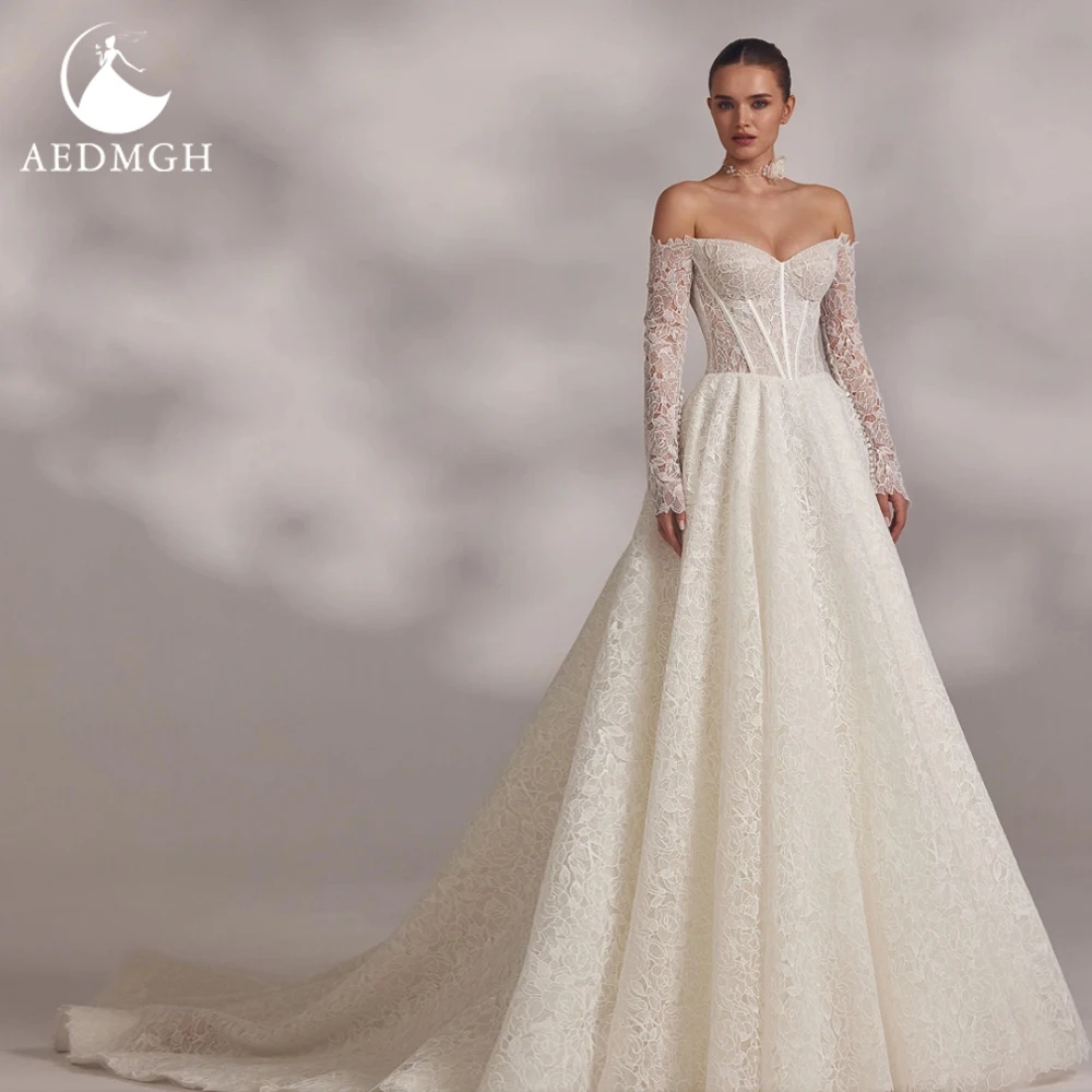 Aedmgh Изящные свадебные платья трапециевидной формы с открытыми плечами, Vestido De Novia, шикарное свадебное платье на заказ с кружевной вышивкой