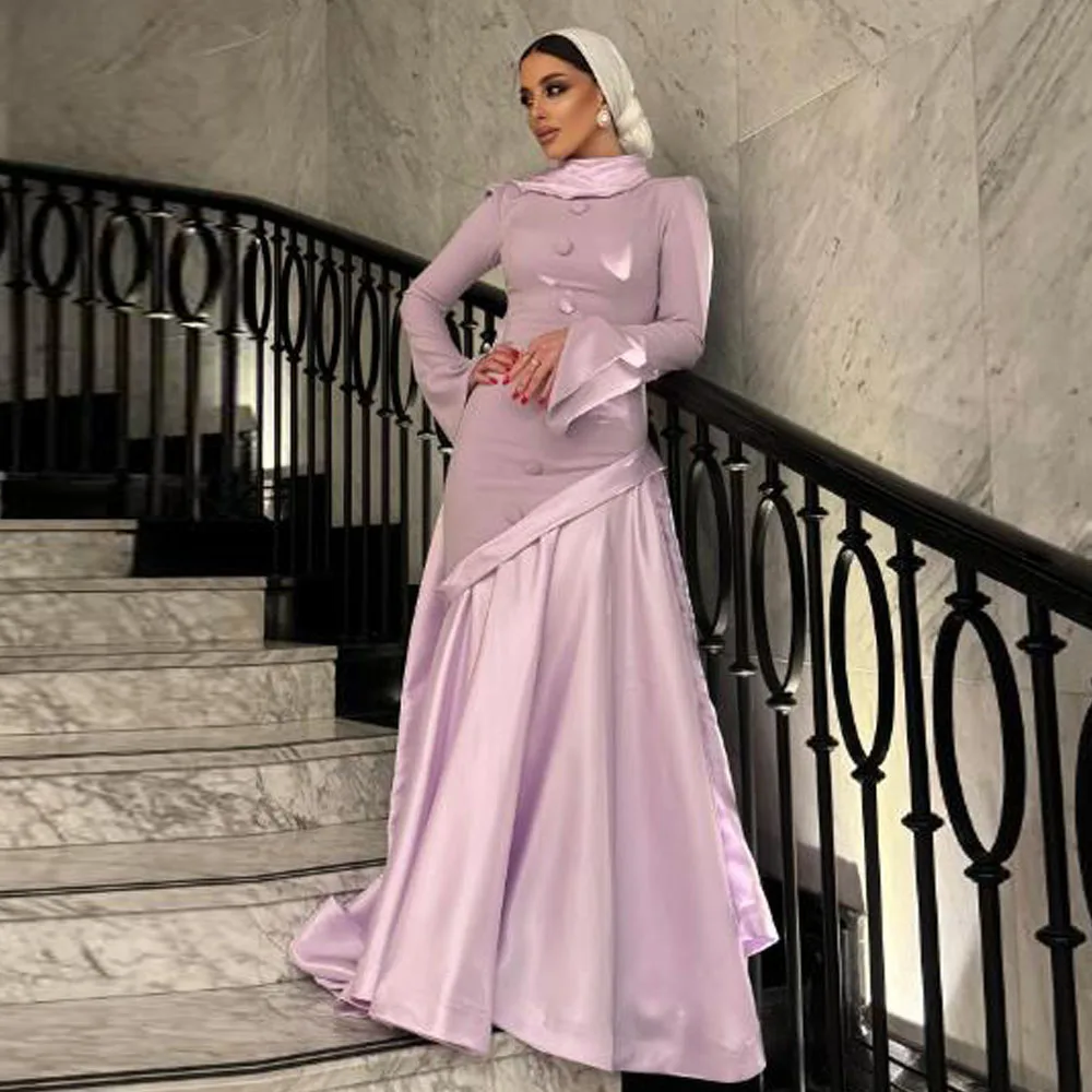 

Customized Hijab Evening Dresses 2025 O Neck Long Sleeve Mermaid Abiye Prom Gown Satin Long فستان المساء