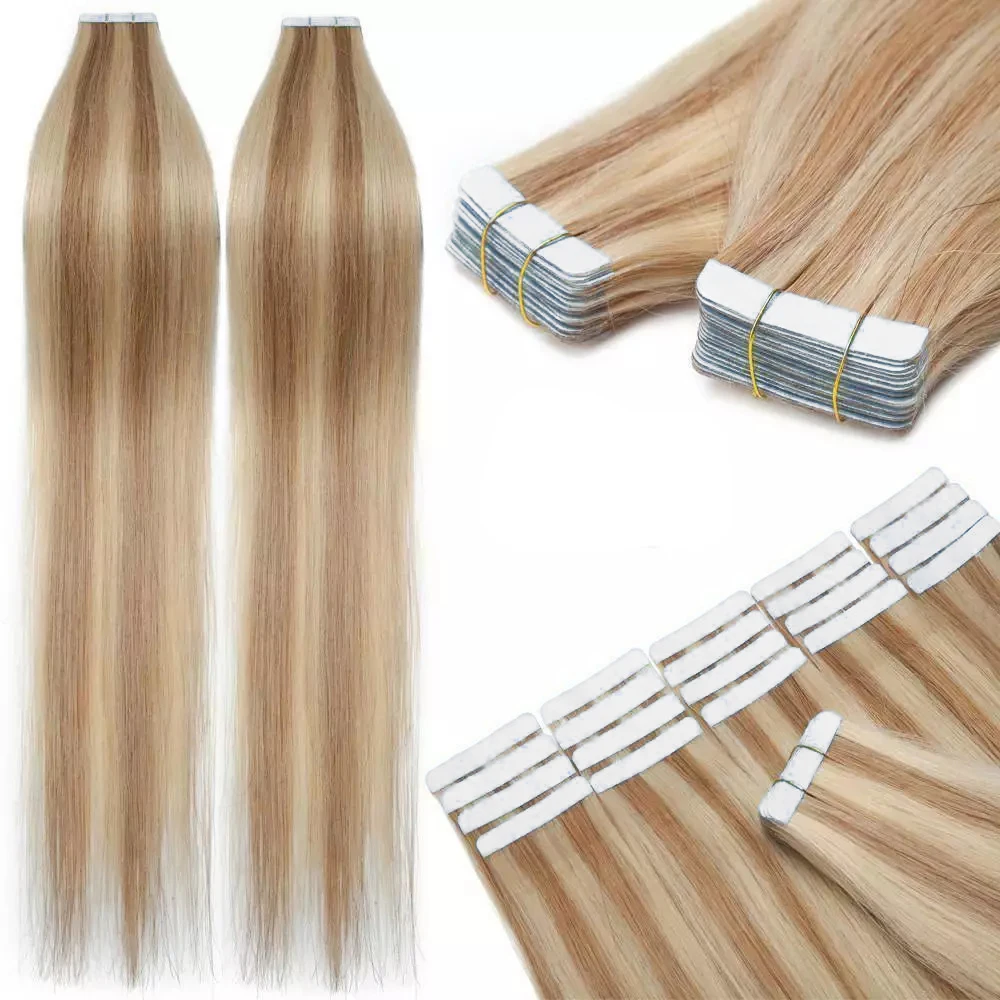 Tape In Human Hair Extensions Blonde Highlight Invisible Tape In Extensions Real Human Hair 20Pcs Hair Extension Real Human Hair