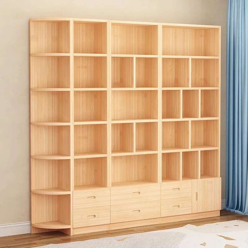 Rak buku kayu solid dari lantai hingga langit-langit, penyimpanan rak buku anak-anak, penyimpanan dinding terintegrasi rumah tangga multi-lapis