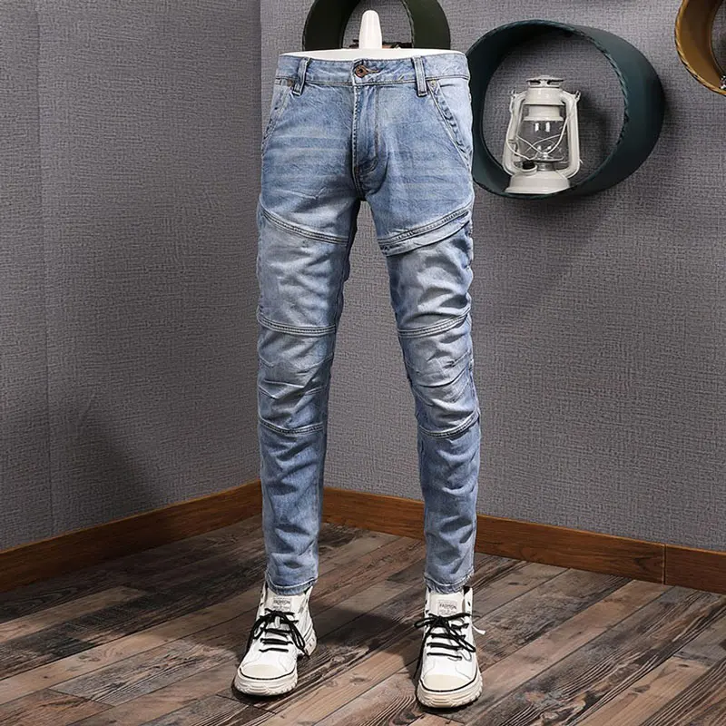 Street Fashion Men Jeans Retro Light Blue Stretch Slim Fit Biker Jeans High Quality Spliced Designer Hip Hop Denim Pants Men