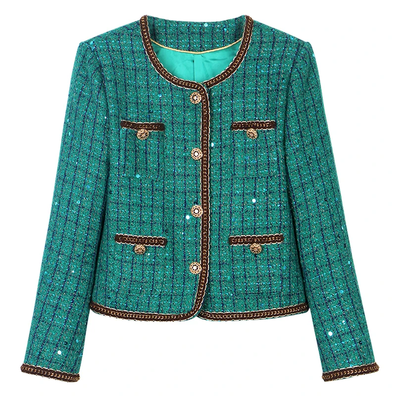 

2025 Fashion Elegant Retro Light Luxury Celebrity Heavy Industry Sequin Design Round Neck Single Breaked Jacket Top