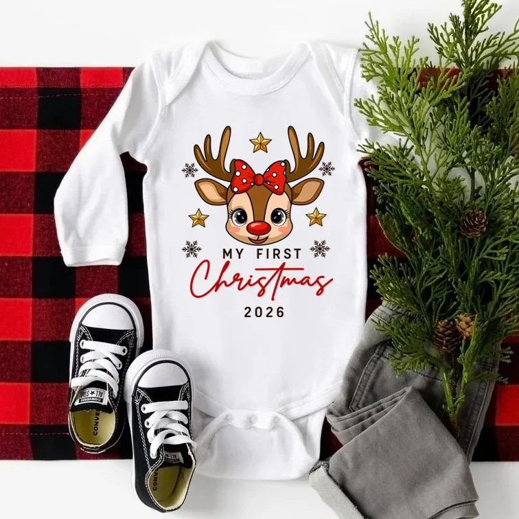 My First Christmas 2026 Baby Girl Long Sleeve Bodysuit Cute Bow Reindeer Print Newborn Romper Infant Xmas Holiday Photo Outfit