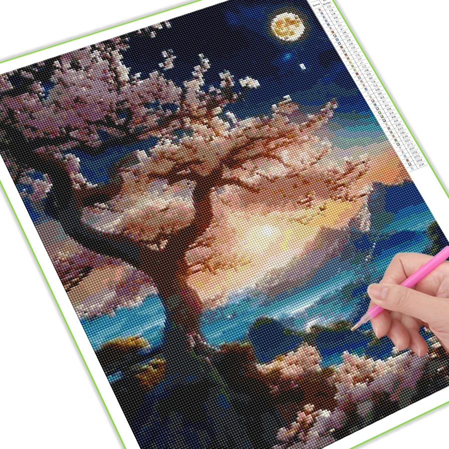 FULLCANG Diy Diamond Painting New Collection 2024 Moon Cherry Blossom Tree Full Rhinestone Art Landscape Mosaic Embroidery Kits