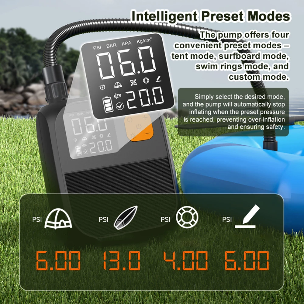 

Portable Paddle Board Pump 25PSI High Pressure Electric Air Compressor Pump Power Bank with 6 Nozzles and LED Light