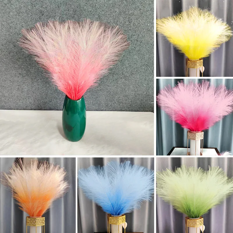 10pcs Fluffy Pampas Grass Artificial Flower Bouquet Fake Plant Colorful Gradient Simulated Reed Wedding Party Home Vase Decor