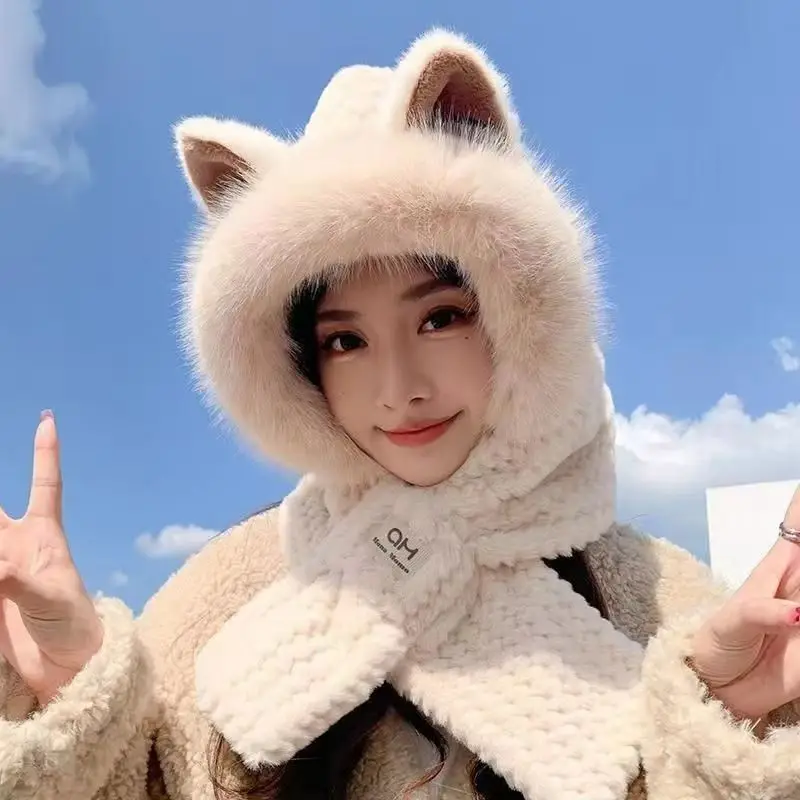 

Thickened Fleece Winter Hat Women's Integrated Scarf Cute High-End Feel Warm Windproof Plush Cap Autumn Winter Seasonal Acces...