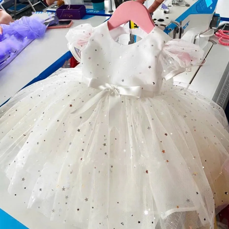 

White Puffy Baby Girls Dresses Glitter Tulle Fluffy Skirt Flower Girl Dress Kid Birthday Prom Pageant Gown 12M 18M 24M