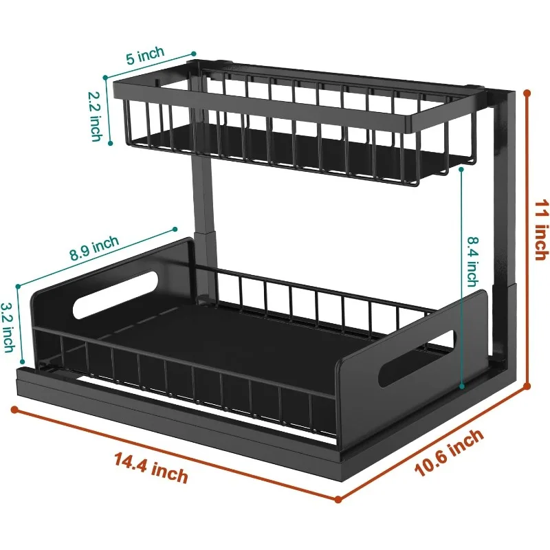 Bukfen Under Sink Organizer, Pull Out Cabinet Organizer 2-Tier Slide Out Sliding Shelf Under Cabinet Storage Multi-Use for Under